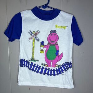 1993 90s Barney the Dinosaur Train Conductor Kids Shirt Railroad PJ Top Kids 2T